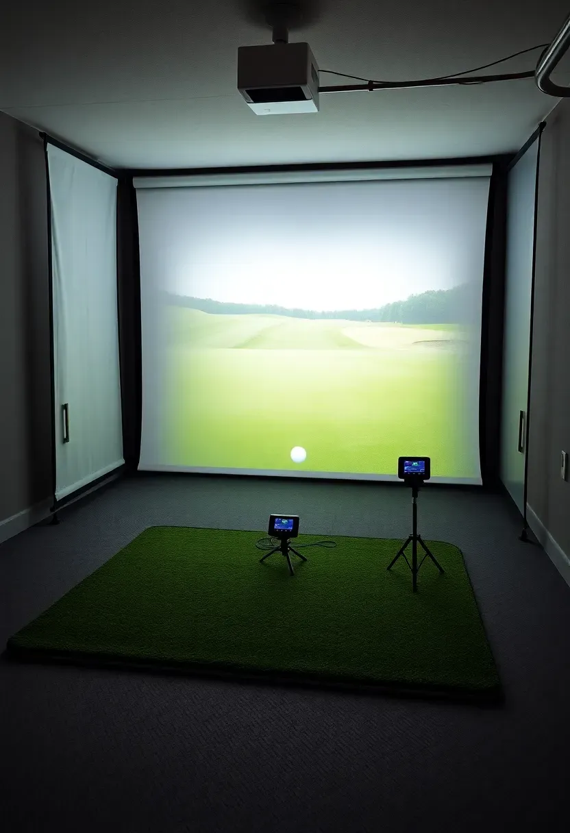 basement multi-sport simulator with large impact screen showing a golf course and a golfer mid-swing
