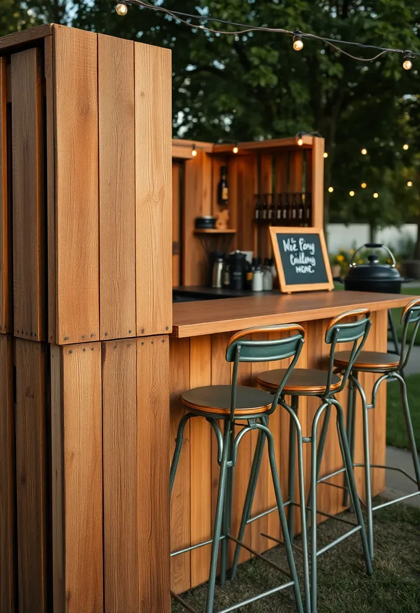 Outdoor bar built from repurposed wooden pallets with a plywood countertop, bar stools, and a chalkboard menu sign next to a charcoal grill