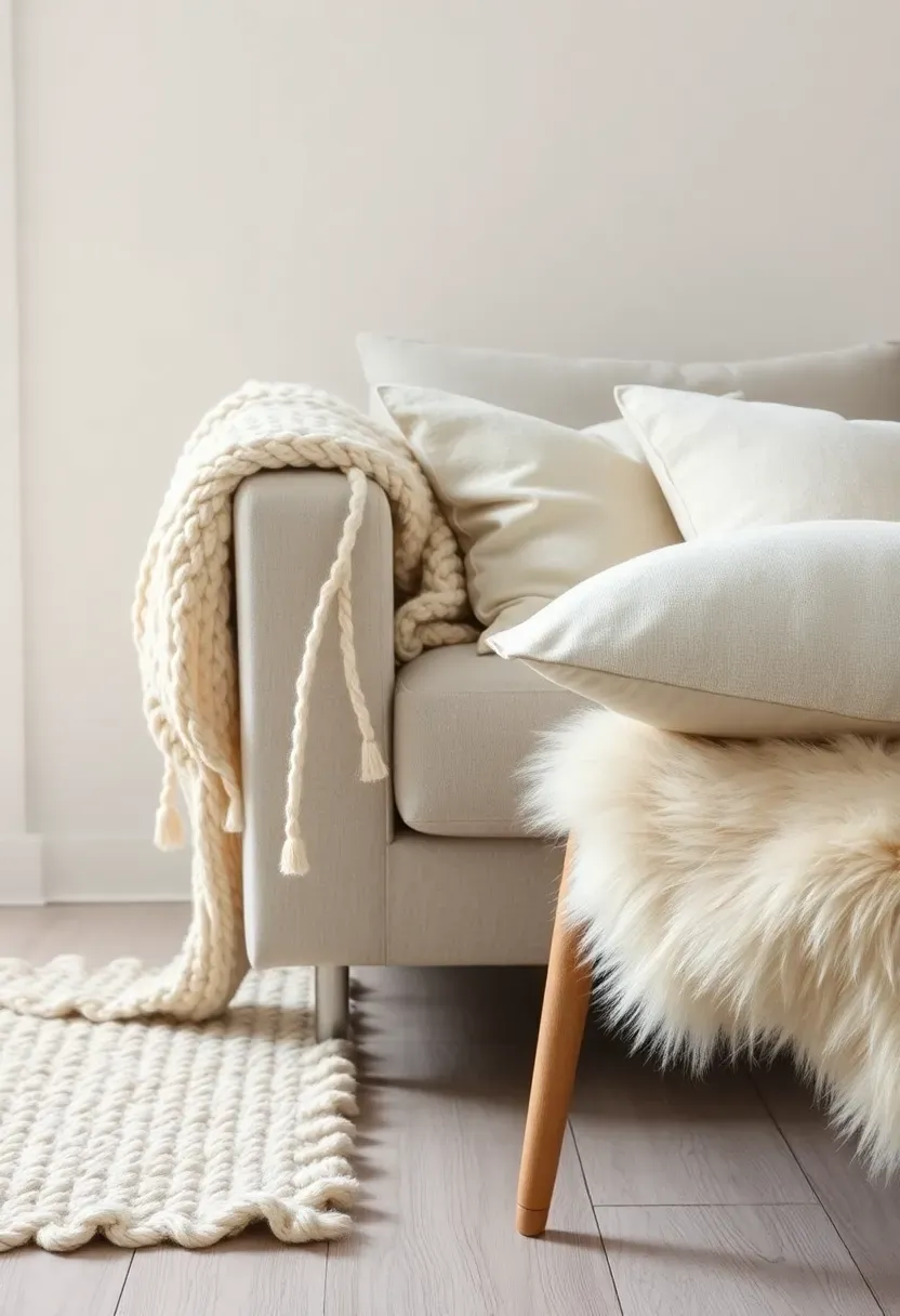 Hyper-realistic detail view of Scandinavian textile layering. Cream wool rug with visible texture, chunky knit throw draped over sofa arm, linen cushions with subtle texture, sheepskin rug on chair seat. White walls and light wood floor as neutral backdrop. Multiple textile layers visible adding warmth without clutter. Materials: wool with natural fiber texture, linen with crisp weave, sheepskin with soft wool pile. Soft natural light enhancing textile textures. Textile philosophy mood showing how natural fibers add warmth and tactile comfort to minimalist spaces.</p>