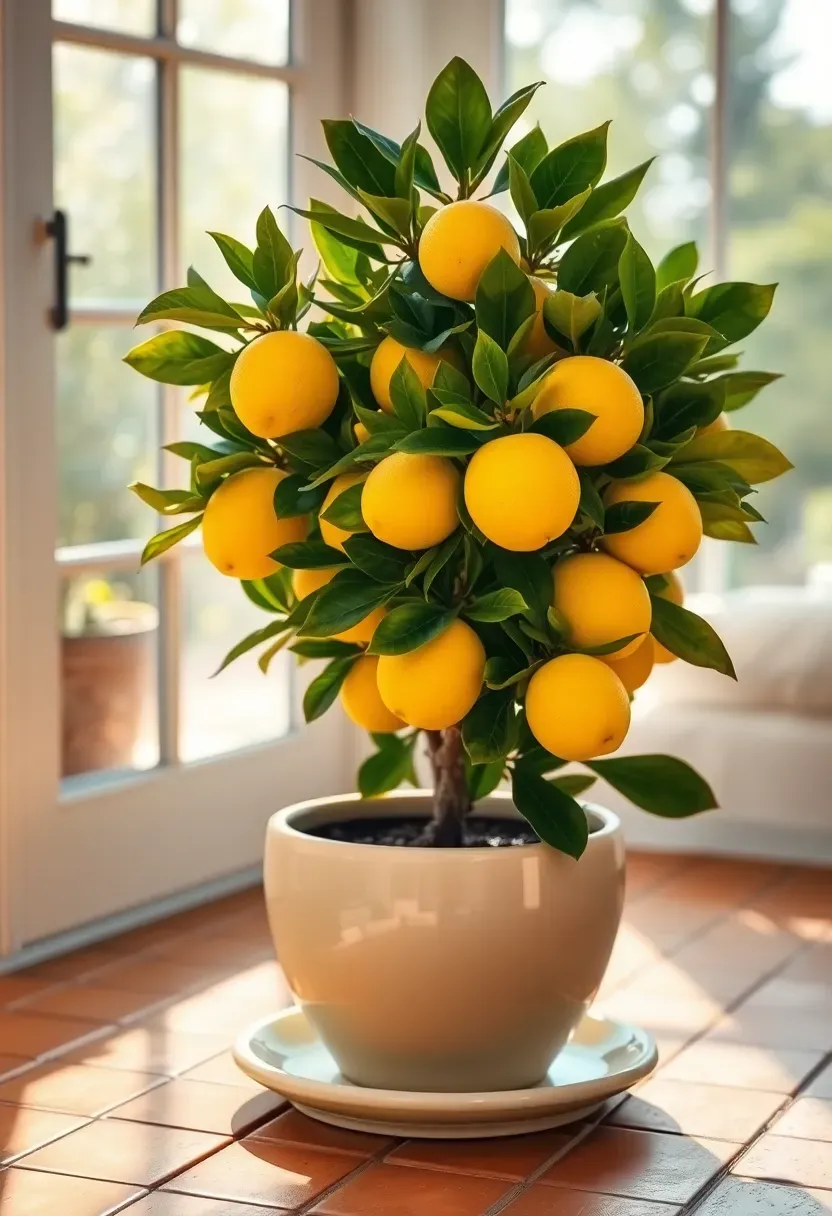 Small dwarf citrus tree with bright lemons in a large cream ceramic pot in a sun-filled sunroom with terracotta floor tiles