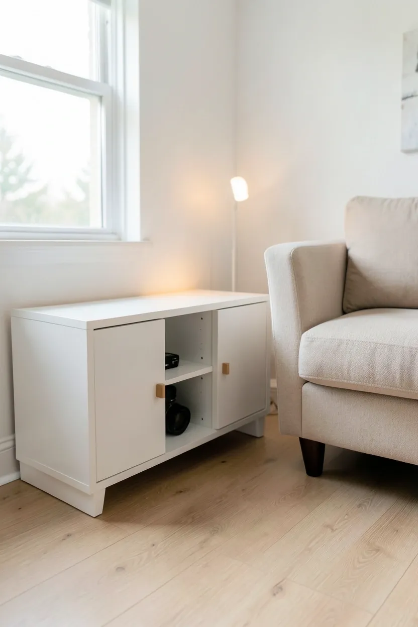 Low white media console with hidden cabinet storage keeping a small Scandinavian living room clean and clutter-free