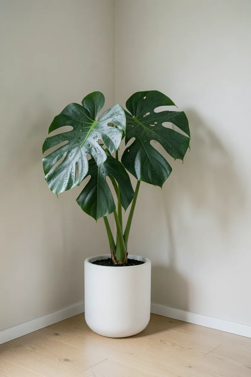 Fiddle leaf fig and monstera plants in white ceramic pots beside bed in tropical Japandi bedroom