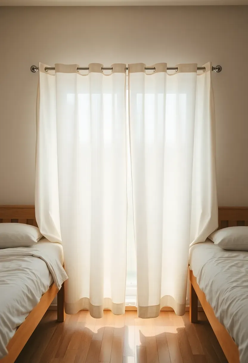 sheer curtain room divider in a shared dorm room creating privacy between beds