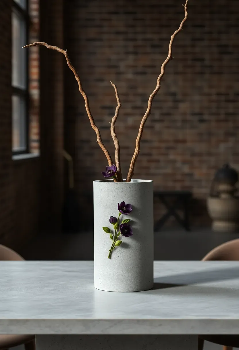 concrete vessel with sculptural branches and minimal spring blooms modern centerpiece