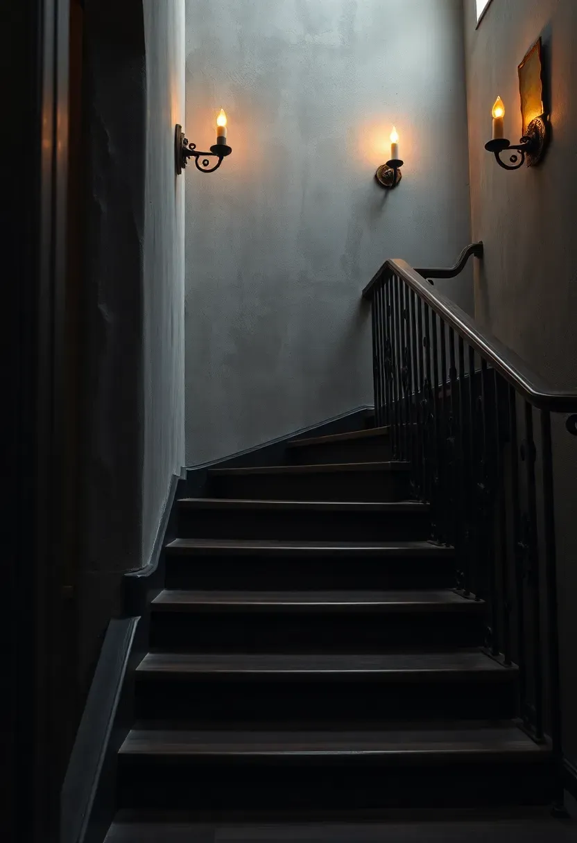 Dark Gothic-inspired staircase with ebonized oak treads, black wrought iron railing with gothic arch cut-outs, grey plaster walls, and antique amber wall sconces