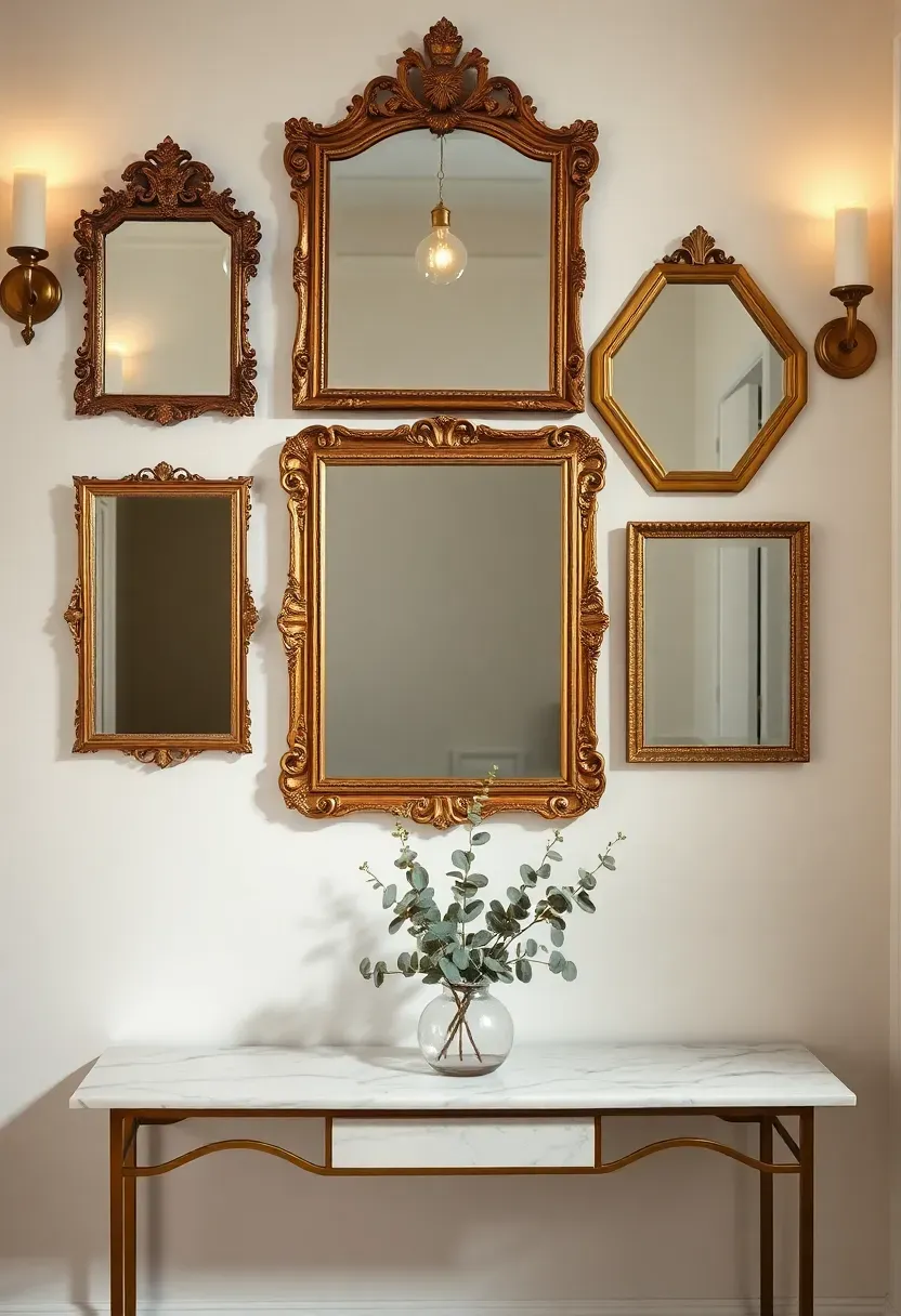Cluster of five vintage mirrors in ornate gold and antique brass frames creating a decorative arrangement on a white entryway wall