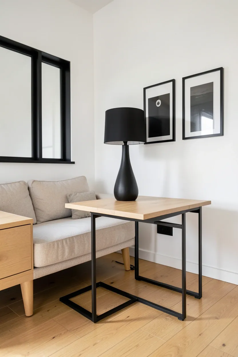 Matte black metal lamp base and table legs paired with light birch wood furniture in a modern Scandinavian living room