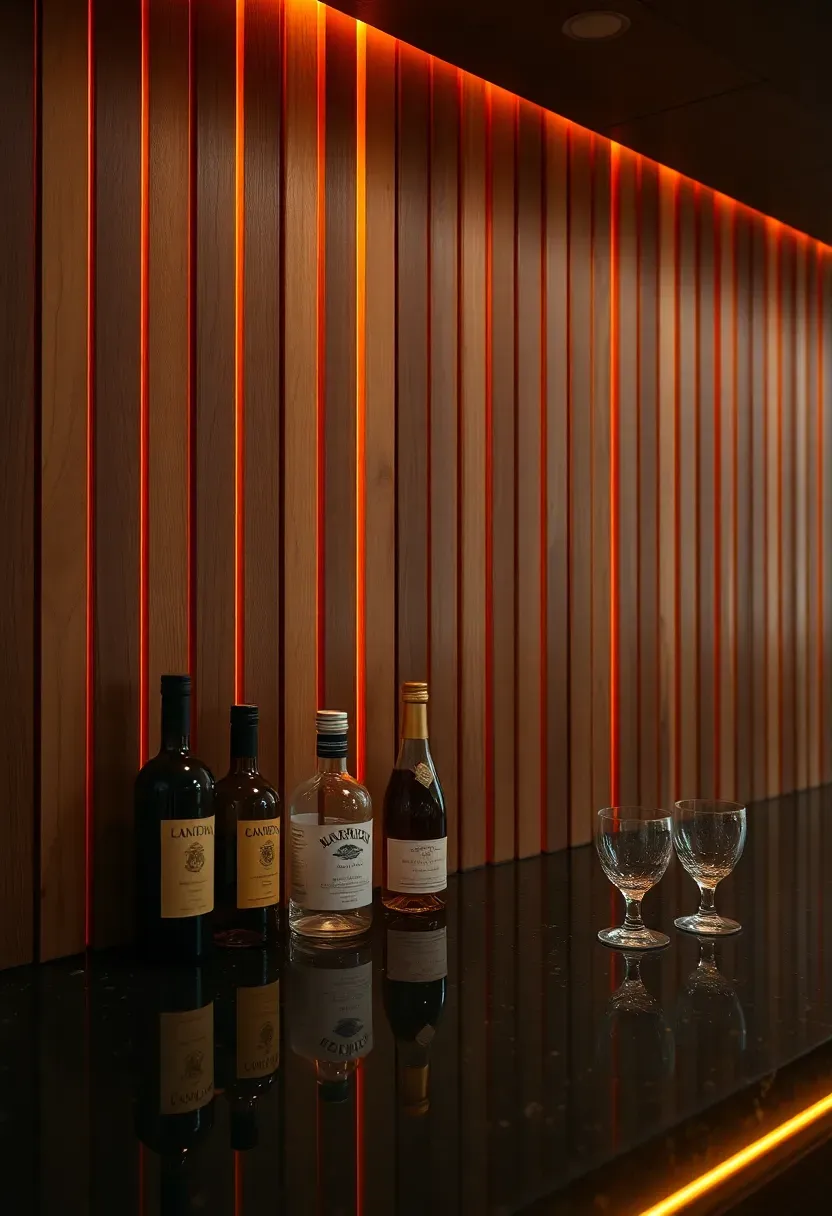 vertical walnut wood slat wall behind a home bar with integrated LED strip lighting