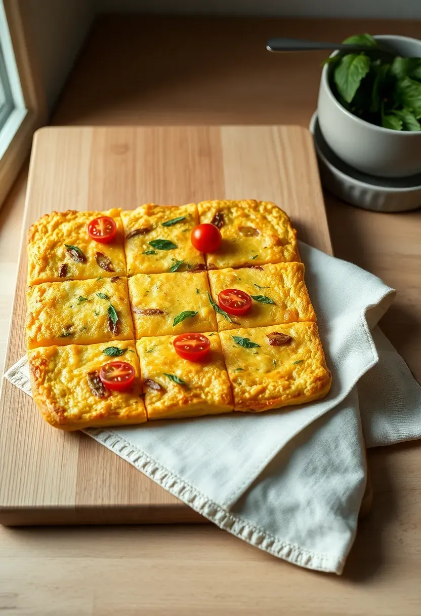 golden sheet pan frittata cut into neat squares topped with herbs and cherry tomatoes served on a wooden board