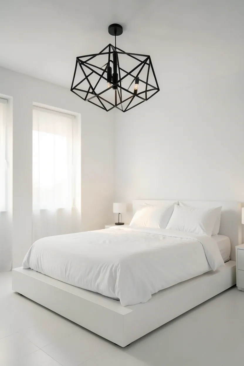 Black chandelier hanging from a white bedroom ceiling with white pendant sconces flanking the bed for layered lighting