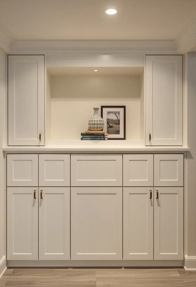 Finished basement wall with built-in floor-to-ceiling white cabinets featuring a mix of closed doors and open shelving with decorative items