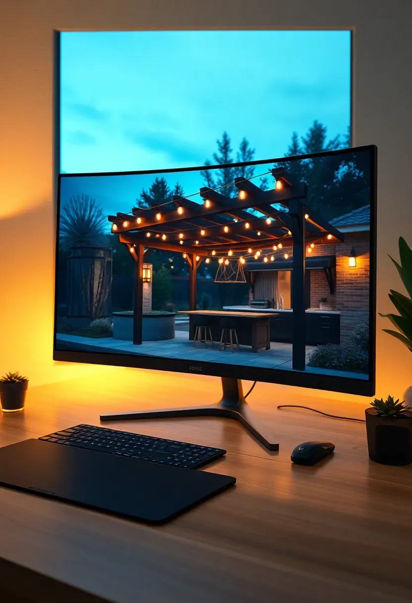 Photorealistic render of a modern backyard with a pergola, string lights, and outdoor kitchen created in Lumion software