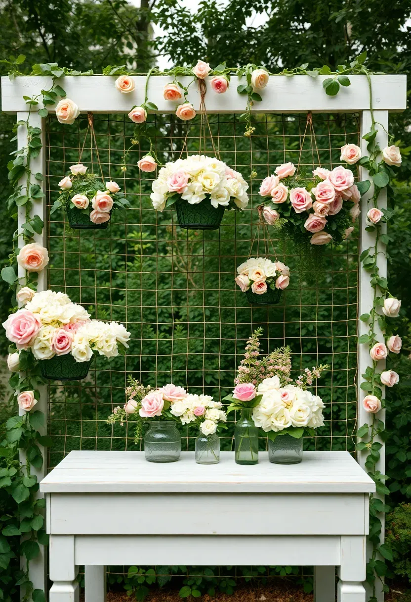 Outdoor garden wall flower bar with climbing roses, hanging baskets of blooms, and a flower-covered arch as the backdrop at a garden wedding