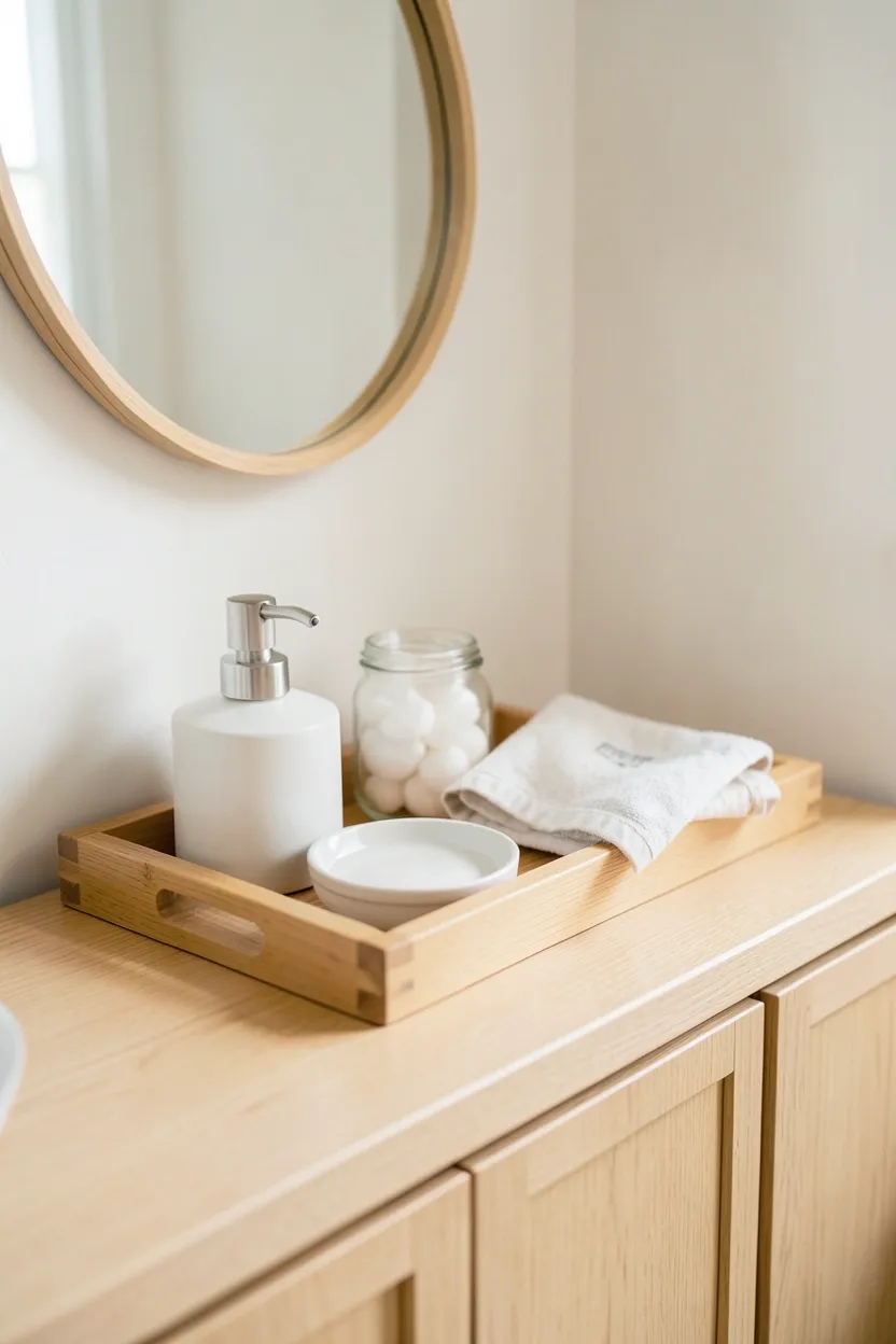 Marble vanity tray on a bathroom counter holding hand soap, lotion, and a small potted plant, creating an organized polished display