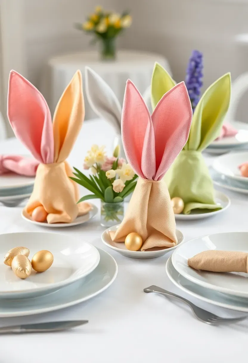 Easter table with bunny shaped folded napkins on white plates with spring flowers