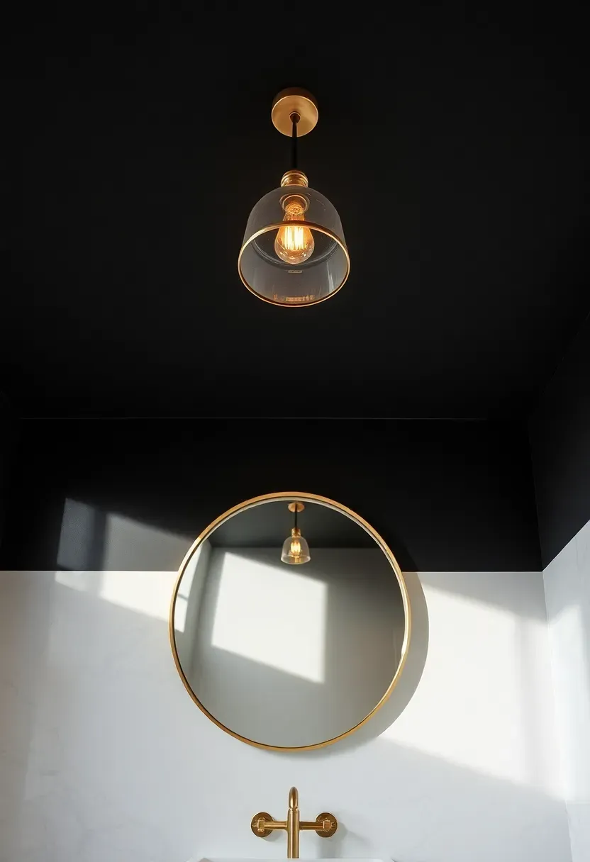 Dramatic black painted ceiling in a bathroom with white marble walls brass mirror frame and pendant light
