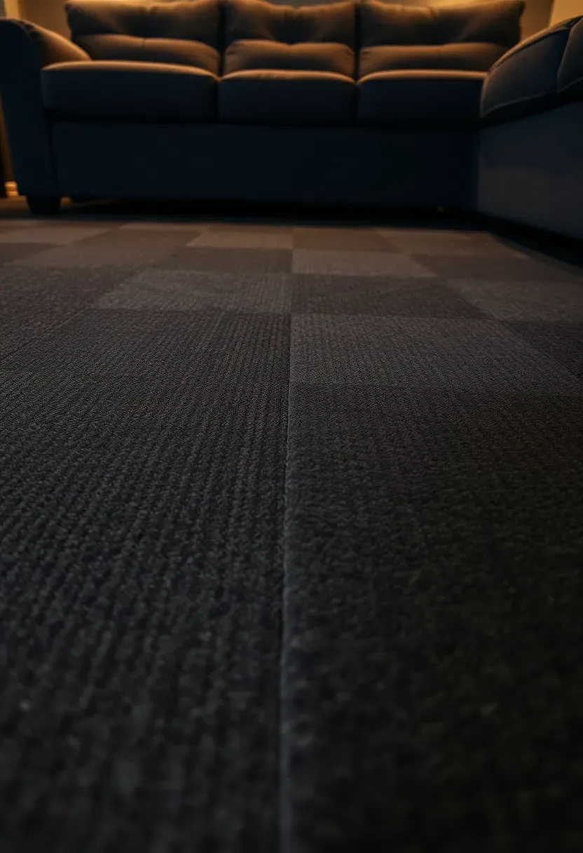 Basement tv room floor covered in dark charcoal carpet tiles arranged in a subtle checkerboard pattern, with the edge of a sectional sofa visible and warm recessed lighting above