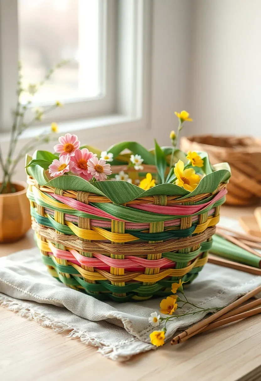 handwoven basket made from colorful paper strips sitting on a table with spring flowers