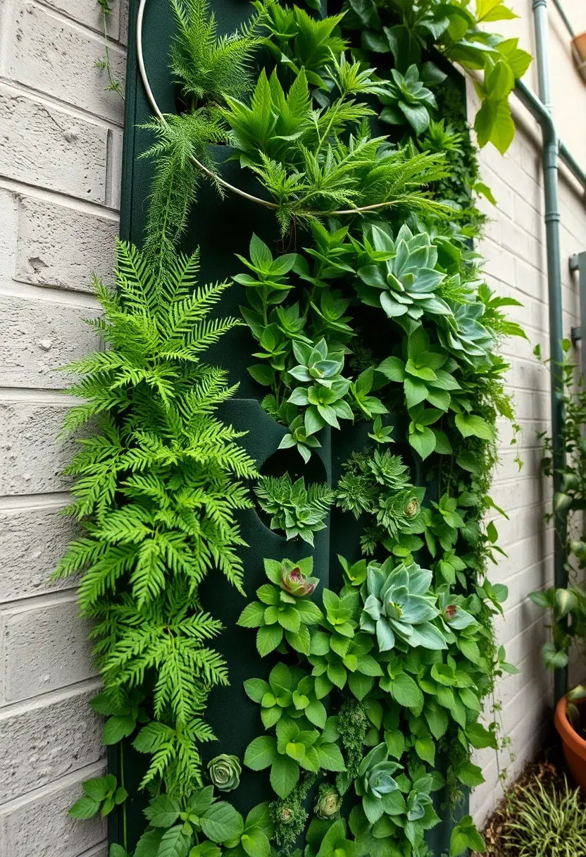 A vertical green wall garden panel filled with lush ferns, succulents, and trailing plants mounted on a backyard wall