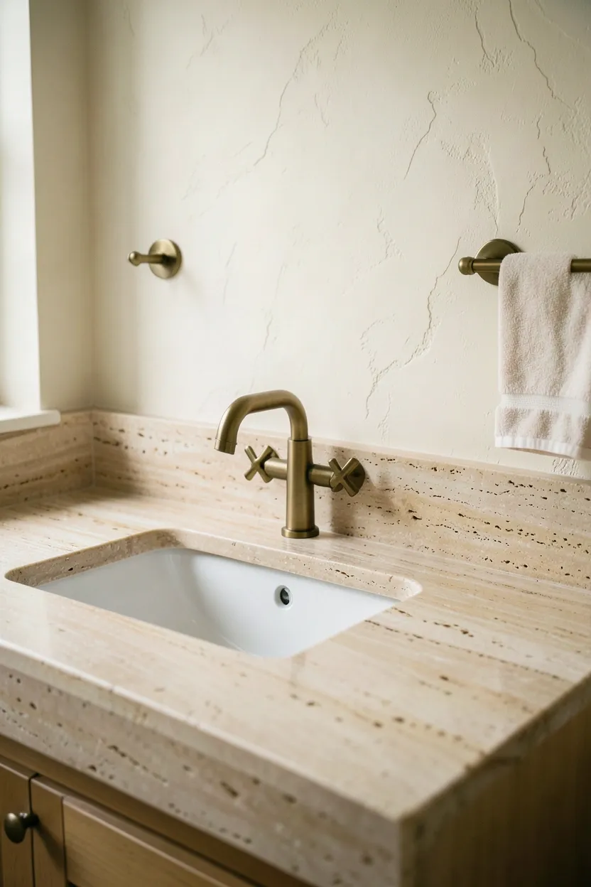 Hyper-realistic eye-level photograph of boho bathroom vanity with natural travertine stone countertop featuring subtle beige veining, white undermount sink, brass gooseneck faucet with cross handles, brass towel bar on side, cream plaster wall background. Soft natural light. Materials: natural travertine stone, brass fixtures, white ceramic sink. Elegant organic boho aesthetic. Natural stone texture details. No text, no logos, no watermarks.</p>