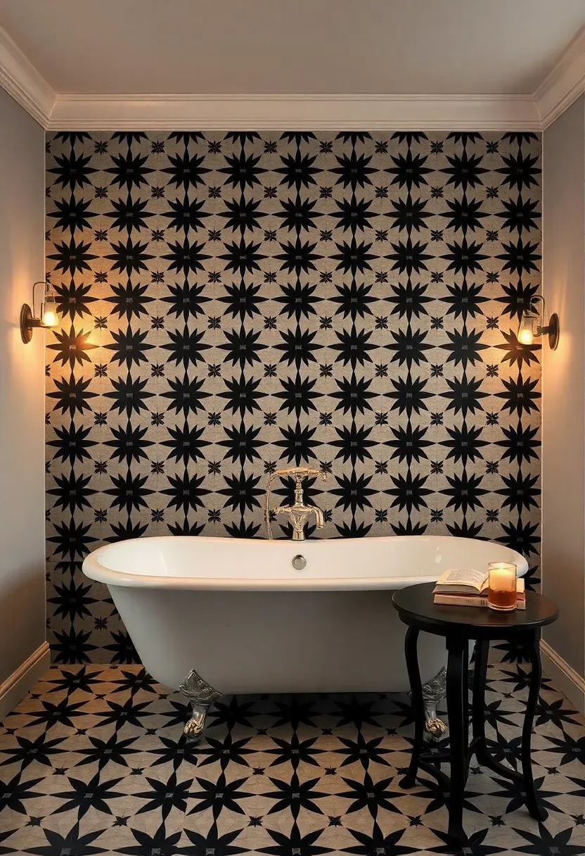 Cement tile bathroom accent wall with bold black and white geometric star pattern behind a clawfoot tub