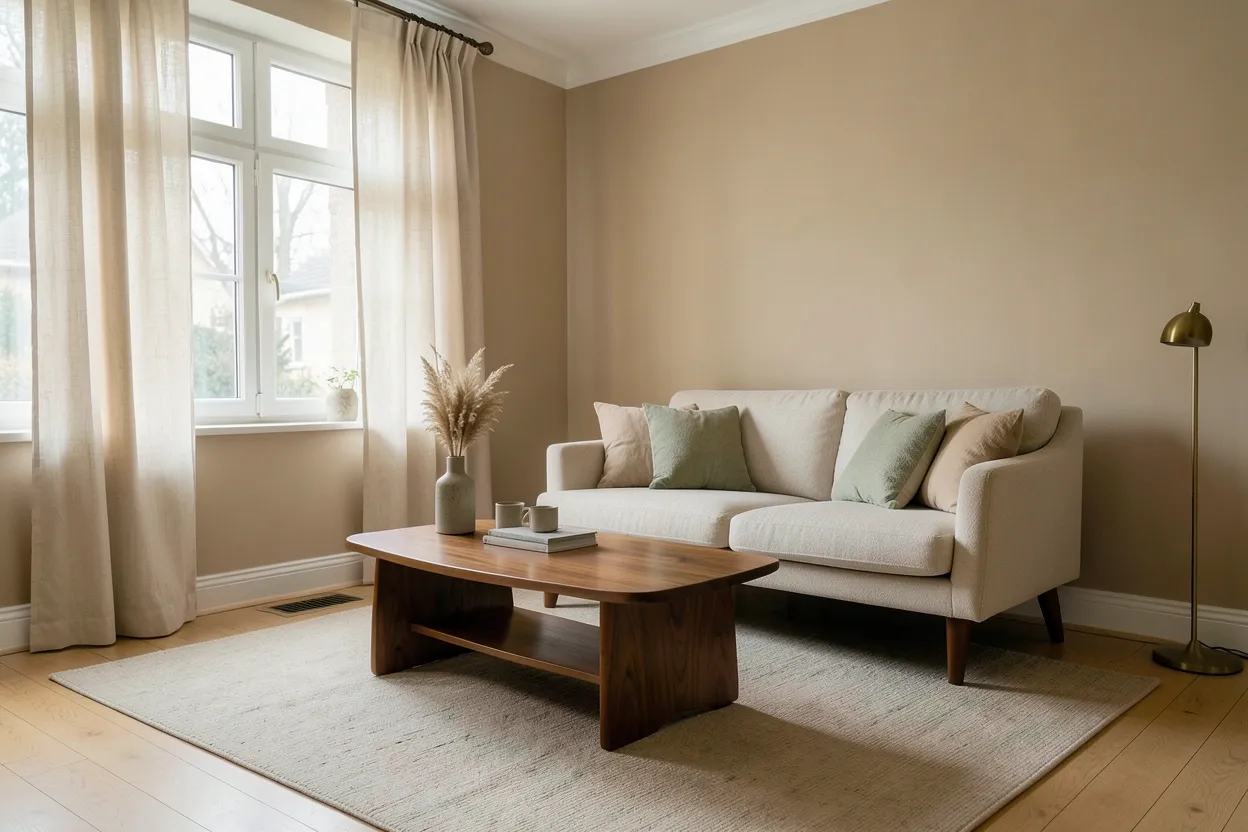 Vintage Scandinavian living room with mid-century sofa, teak furniture, warm beige walls, and layered natural textures — renter-friendly Nordic decor