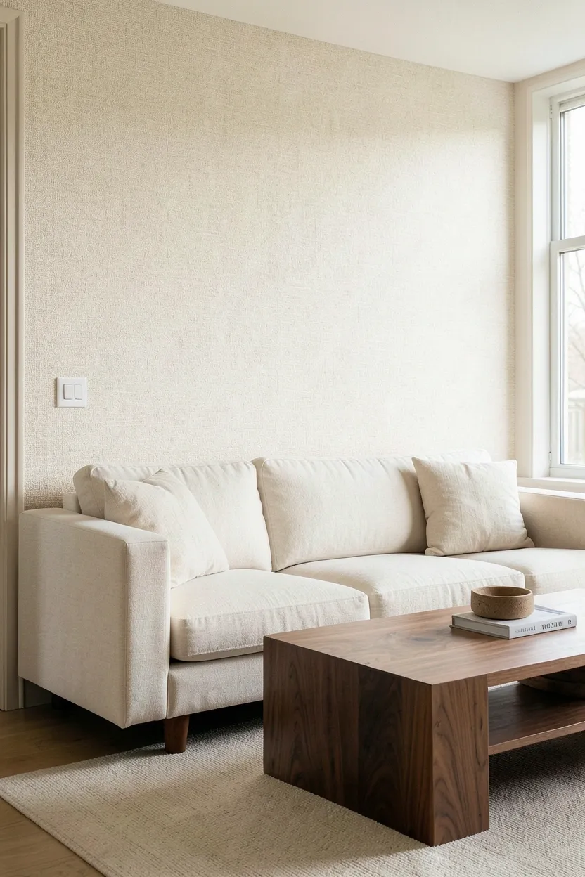 Warm beige grasscloth textured wallpaper on accent wall behind a mid-century sofa in a rental living room