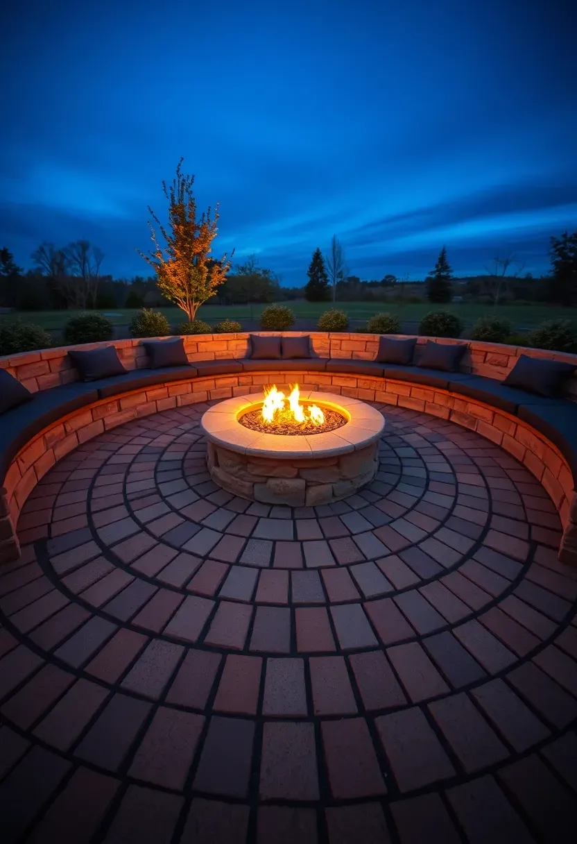 Circular paver patio with a stone fire pit in the center surrounded by built-in bench seating at dusk