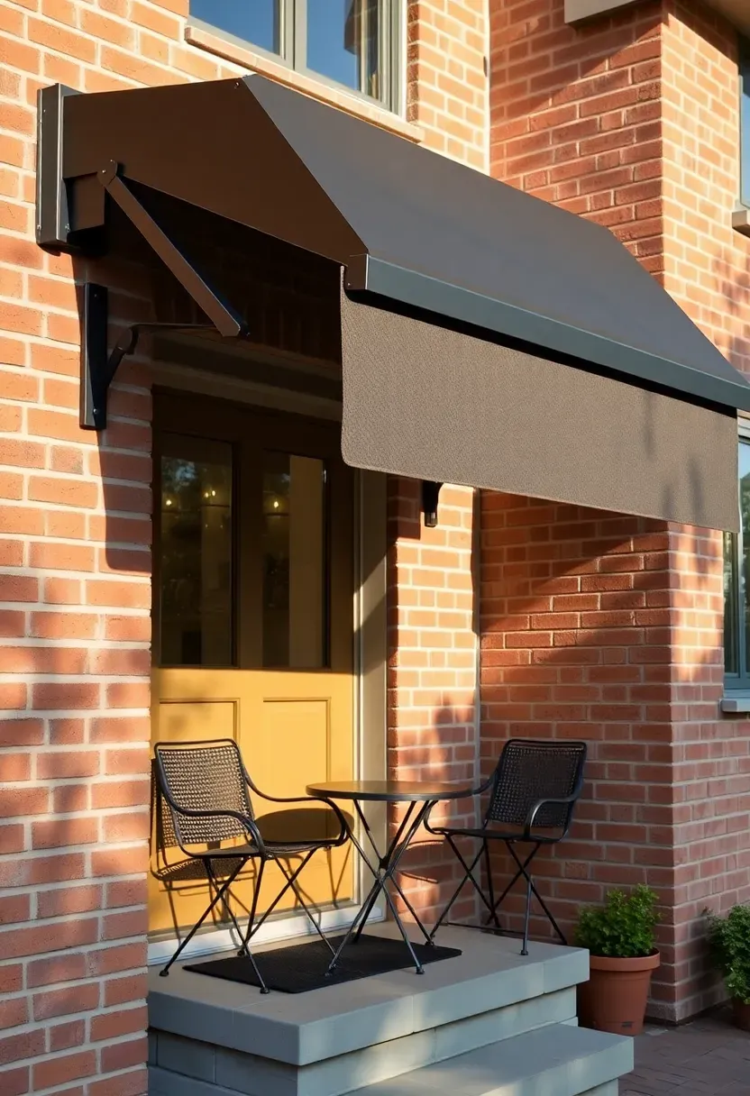 Black powder-coated metal awning with angled roof panels mounted above a back door, shading a small seating area with two chairs