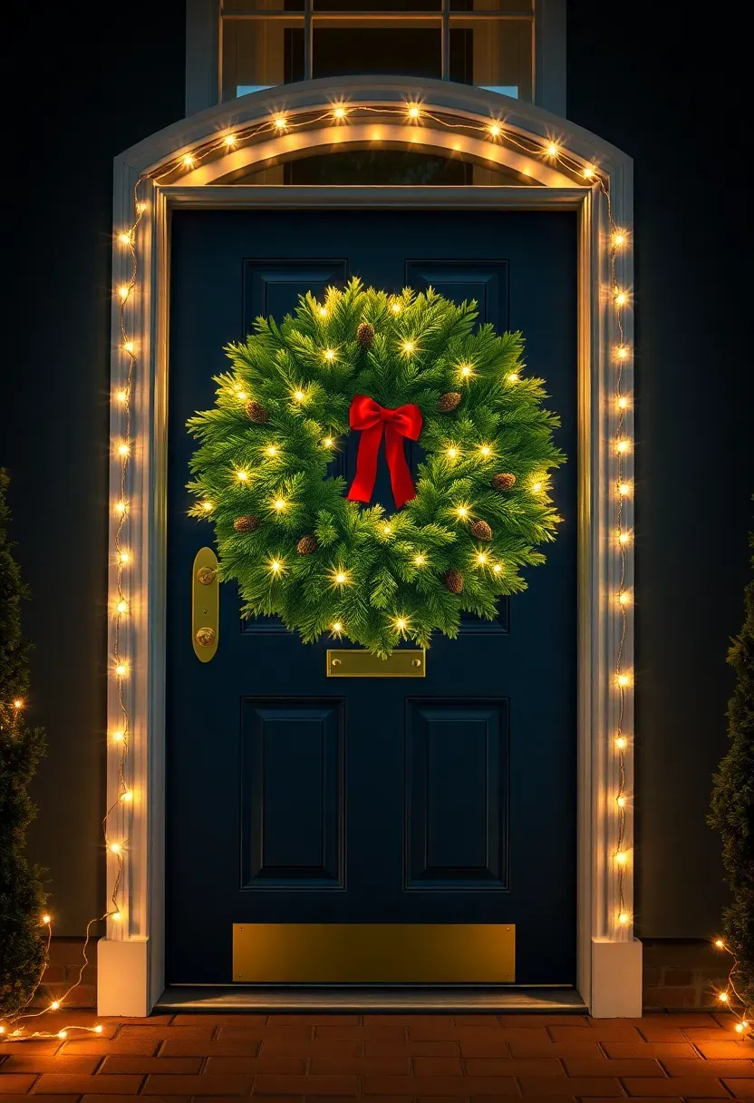 Hyper-realistic eye-level view of a residential front door featuring an oversized evergreen wreath with integrated warm white LED lights centered on a rich navy blue door, with matching mini light strands outlining the door frame and transom window above. Materials: navy blue painted wood door, brass kickplate and hardware, glass pane transom, lush evergreen wreath with pinecones and red ribbon, white door trim, brick porch. Natural evening darkness with warm glow from both wreath and frame lights creating coordinated entry focal point, cool blue ambient sky. Sophisticated polished mood like designer entryway holiday feature. Shallow depth of field, sharp details on wreath and door hardware, centered composition, soft shadows, no text or watermarks.</p>