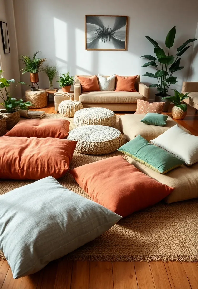 Hyper-realistic 3/4 view of an earthy boho living room showing multiple floor cushions scattered casually—oversized square cushions in rust linen, round poufs in woven cream, rectangular cushions in mudcloth pattern, and bolster pillows in sage green, all positioned on a large jute rug near low seating and plants. Materials: linen floor cushions with visible texture, woven poufs, mudcloth textile pillows, wool bolster, chunky jute rug, warm wood floor, plants in varied pots. Natural daylight showing casual arrangement that invites flexible seating. Relaxed informal atmosphere. Poufs and cushions as primary seating not just accents. Shallow depth of field showing floor cushions foreground with furniture and room context beyond. No text, no logos, no watermarks.</p>