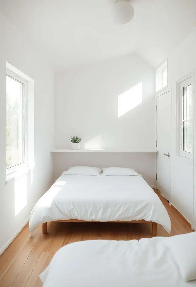 Hyper-realistic 3/4 view of a tiny house bedroom with white walls and light oak flooring. Materials: matte painted walls, natural wood grain, crisp white bedding. Bright natural daylight streaming through multiple windows creating even illumination. Minimal decor with one potted succulent and white floating shelf. Airy spacious feel with soft shadows. Shallow depth of field, sharp texture details on bedding. No text, no logos, no watermarks.</p>