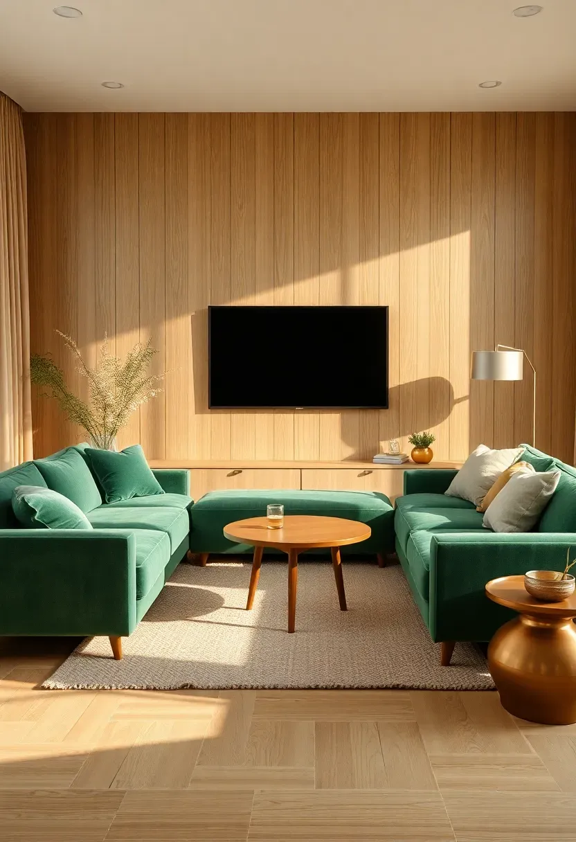 Slim green sectional with chaise and media wall