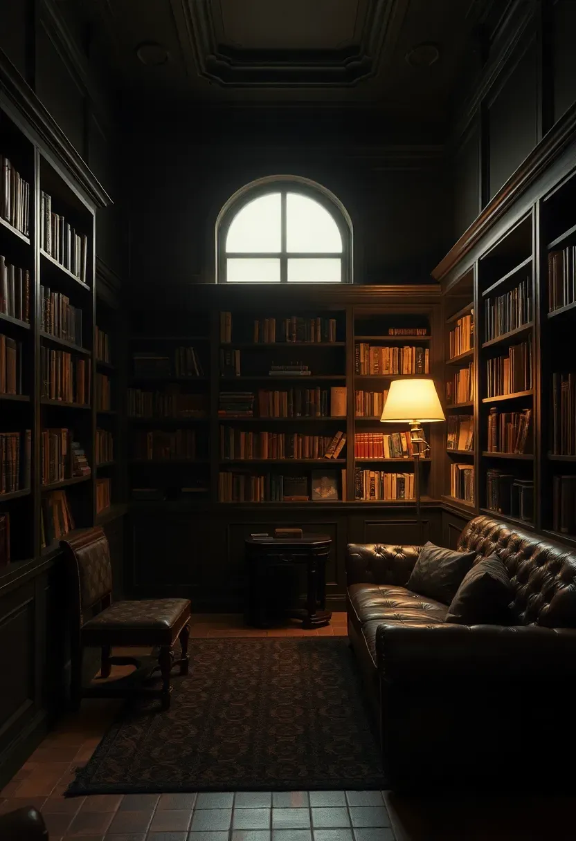 Hyper-realistic 3/4 view of dark library with charcoal walls, built-in bookshelves with books, leather furniture, warm lamp light creating pools of illumination. Materials: dark painted walls, wood shelves, mixed books, leather upholstery, brass fixtures, dark rug. Warm focused lamplight (2700K) against dark walls, dramatic shadows. Cinematic composition, sharp details in illuminated areas, moody intimate atmosphere, part of room visible. No text, no logos, no watermarks.</p>