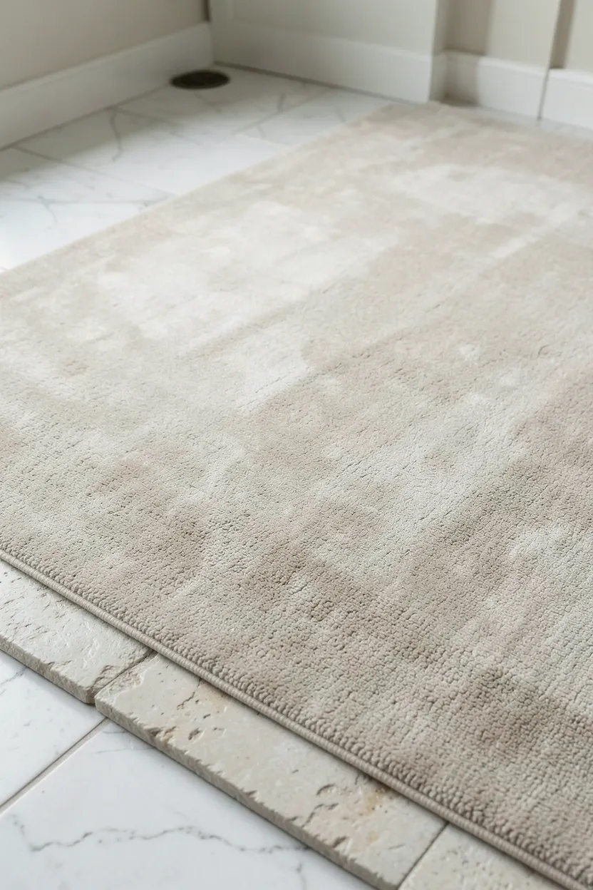 Honed white marble floor with a large neutral wool area rug defining the seating zone in a serene Scandinavian living room