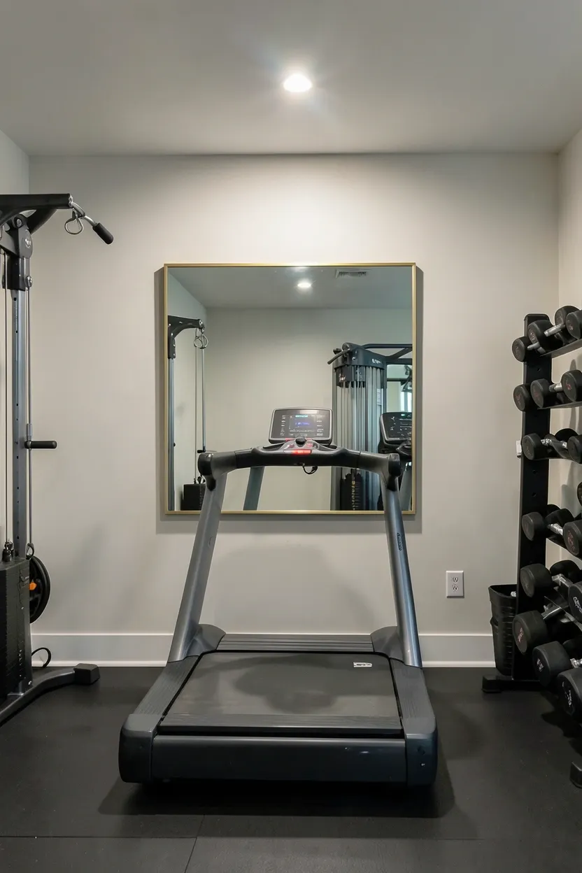 Ceiling-to-floor mirrored wall in a small apartment gym that visually doubles the room height and brightens the space