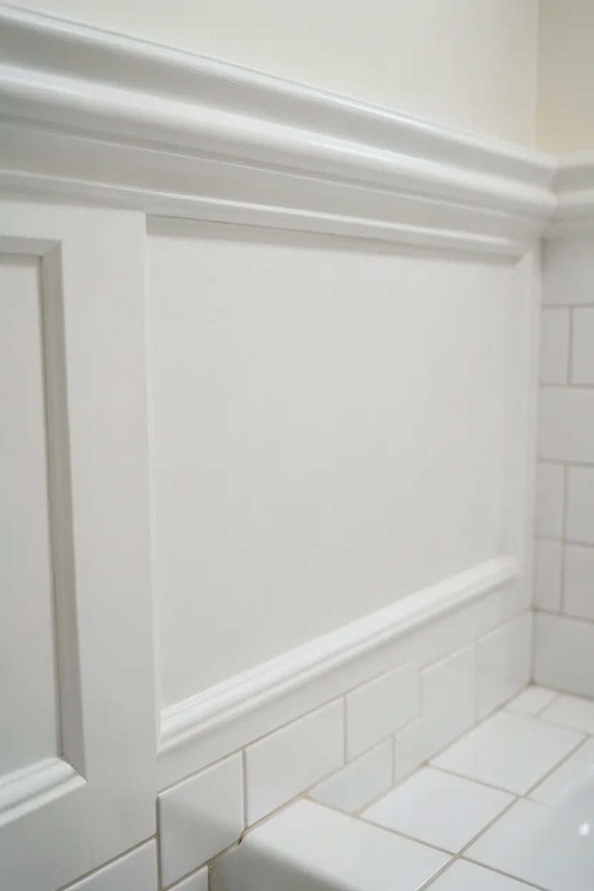 White raised panel wainscoting with chair rail molding adding classic architectural elegance to a bathroom