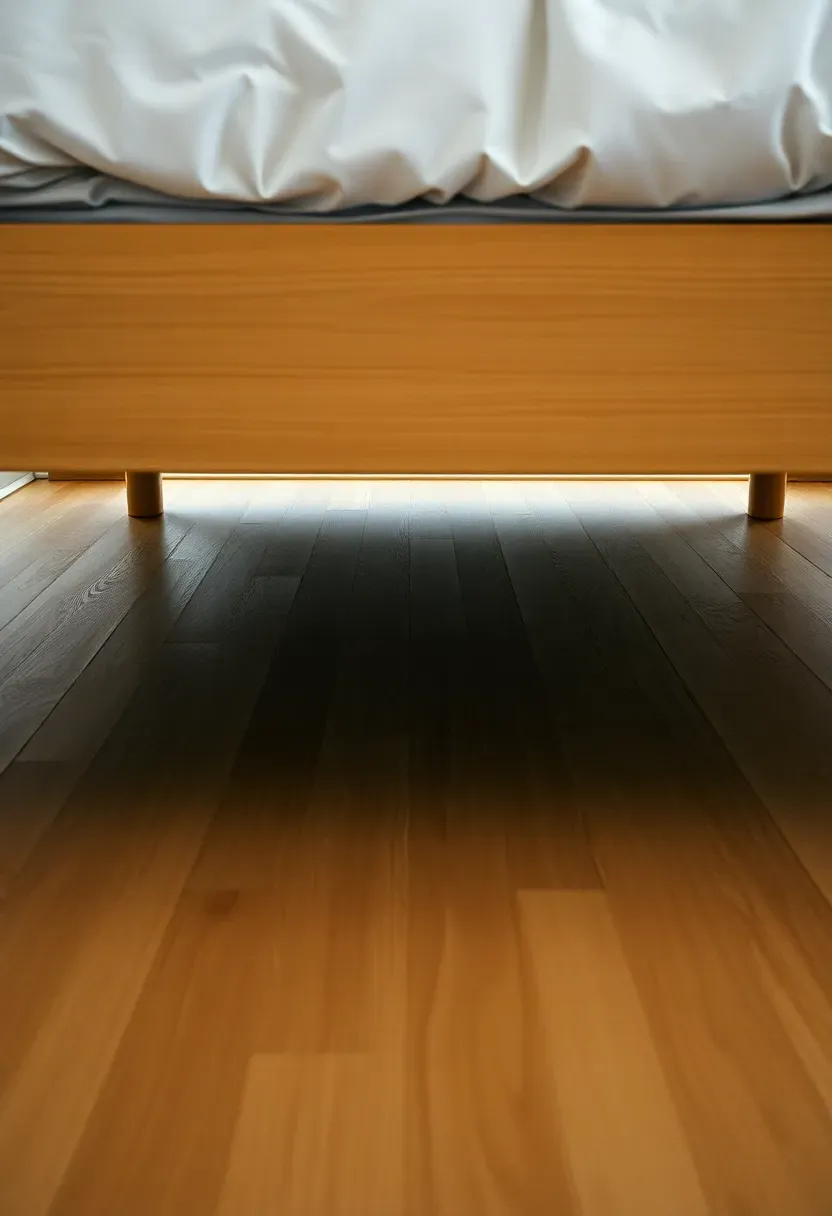 Hyper-realistic low-angle view showing open space beneath a platform bed. Materials: light oak platform bed with simple legs, white linen bedding, light oak floor extending continuously beneath bed with no storage bins or bed skirt, visible floor grain continuing from room to under-bed area. Soft diffused light emphasizing floor continuity and empty space. Clean shadow beneath bed showing architectural clearance. No objects or clutter under bed. Minimalist serenity with negative space as design element.</p>