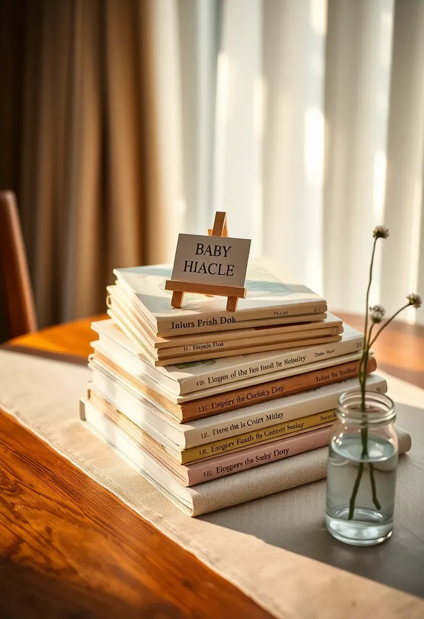 vintage baby books with pastel covers used as table numbers and decor elements at an elegant storybook themed baby shower
