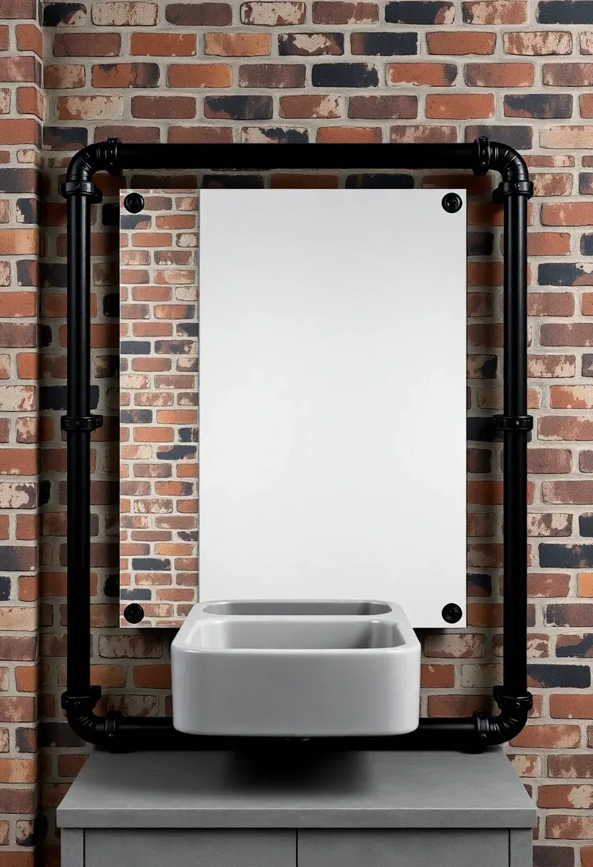 Industrial mirror framed in black iron pipe fittings with visible elbow joints, mounted above a concrete vanity in a loft-style bathroom