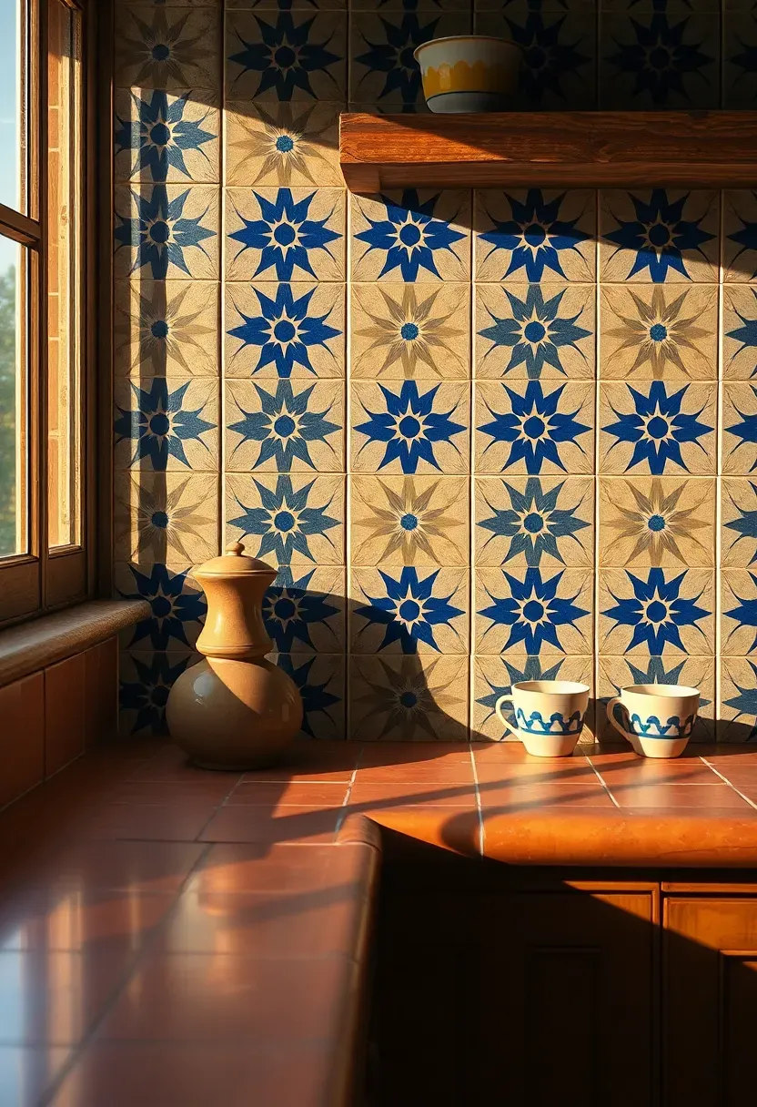 blue encaustic cement tile backsplash with geometric pattern behind a Mediterranean style bar