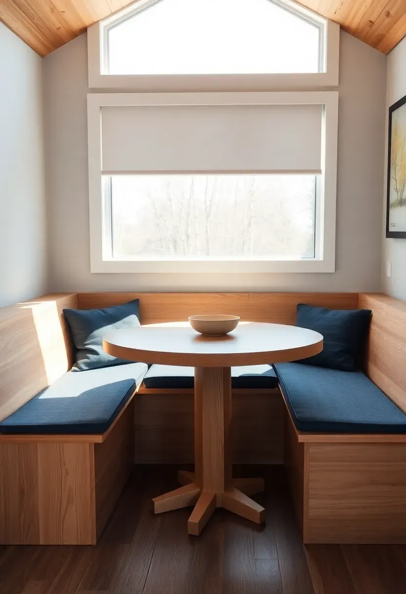 Hyper-realistic 3/4 view of tiny house dining area with L-shaped built-in white oak bench seating around round pedestal table, navy linen cushions. Materials: natural wood grain, durable fabric upholstery, light grey wall behind. Large window above bench with white roller shade. One bench seat lifted revealing hidden storage compartment inside. Warm natural light creating soft shadows. Minimal centerpiece with small bowl. Shallow depth of field, sharp cushion texture. No text, no logos, no watermarks.</p>