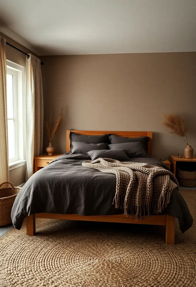 Hyper-realistic wide shot of a moody bedroom with taupe walls, queen bed with dark brown linen duvet and chunky knit throw blanket, natural wood bed frame and bedside tables, woven seagrass baskets. Visible room context with jute rug, textured linen curtains. Materials: matte taupe paint, dark brown linen, natural wood, woven seagrass, chunky knit wool. Warm ambient lighting, visible texture variations throughout. No text, no logos, no watermarks.</p>
