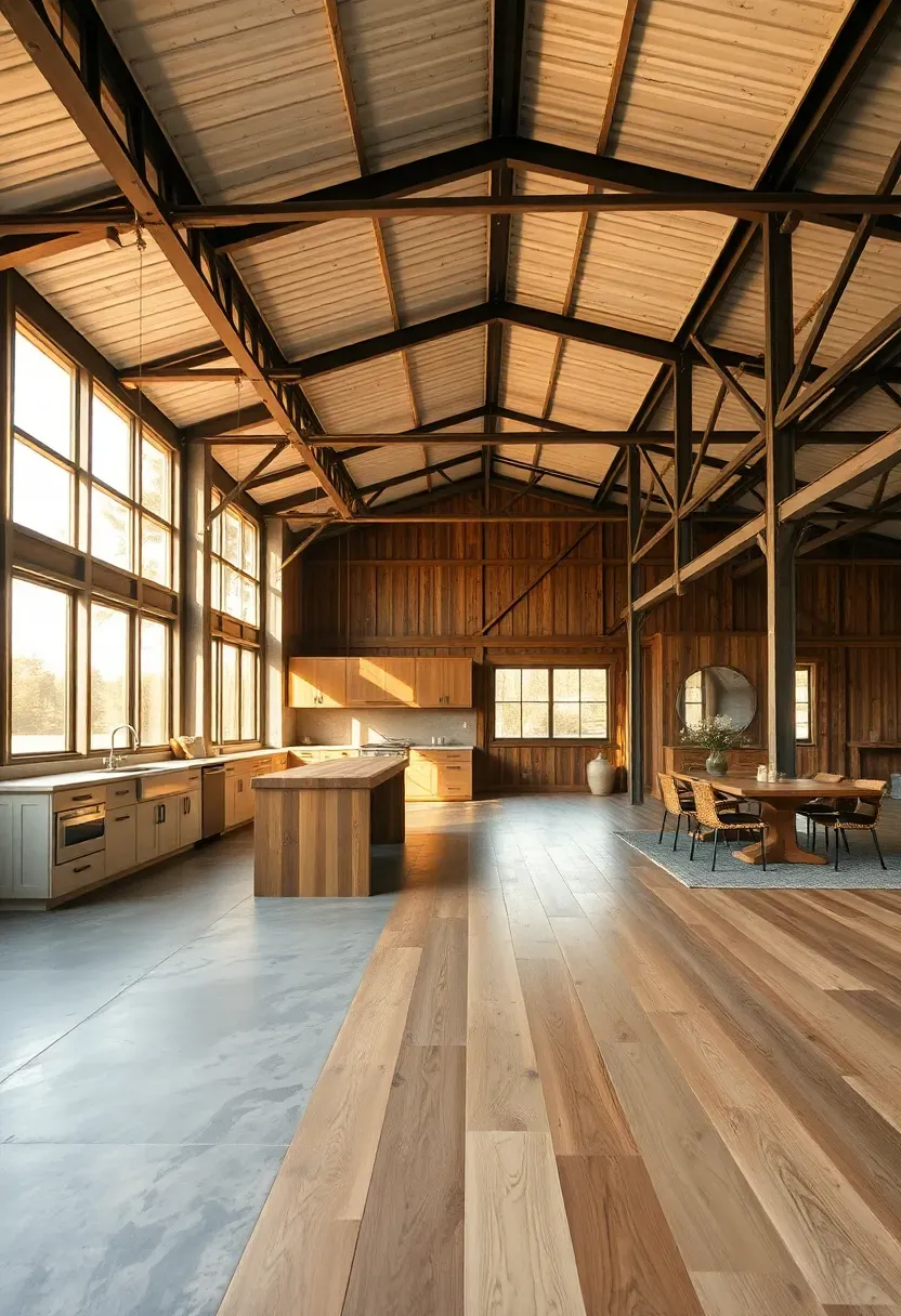 wide open barndominium interior showing kitchen flowing into living area with no walls between