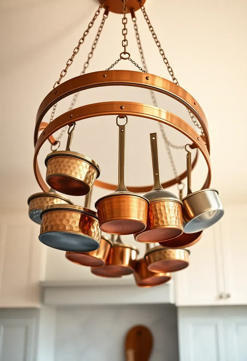 copper pot rack suspended from ceiling over an apartment kitchen island