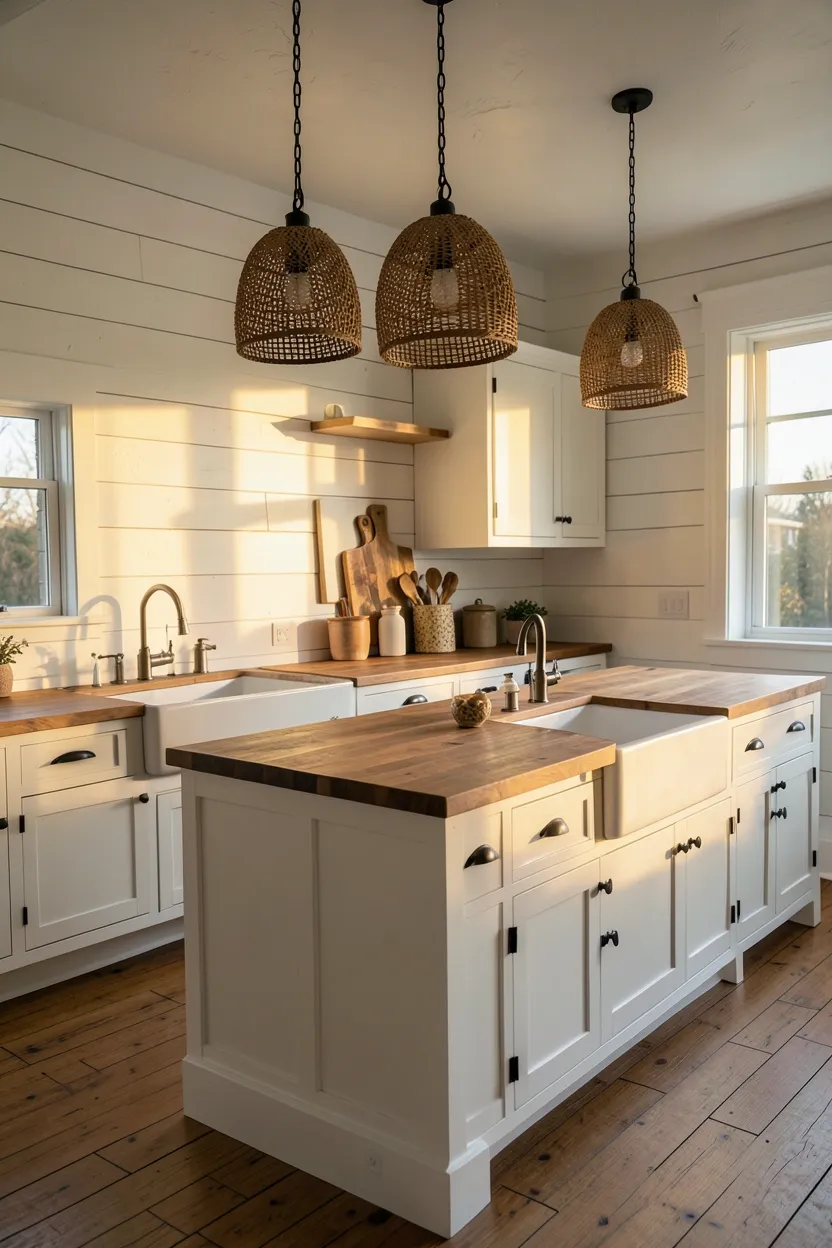 Coastal farmhouse kitchen with white-painted shiplap walls, apron-front sink, butcher block countertops, and wrought iron hardware
