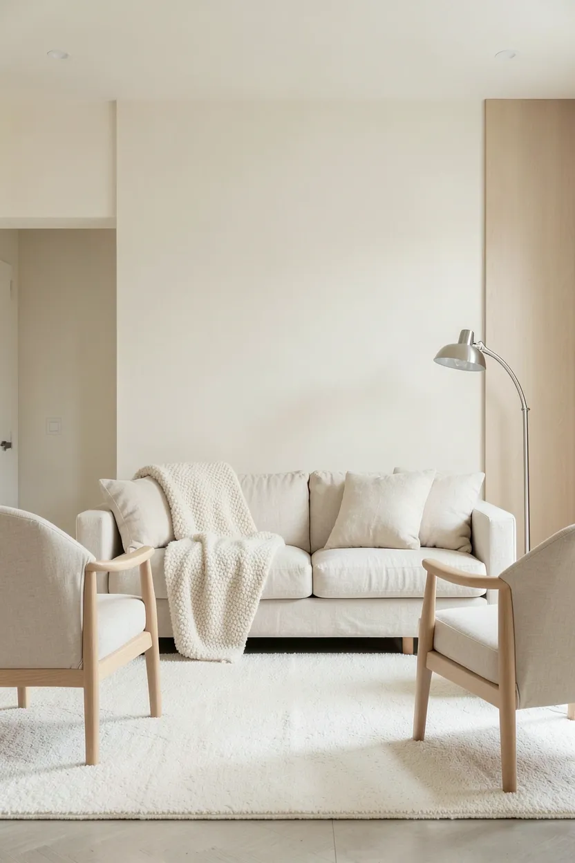 Monochromatic cream living room in Japandi style layering white walls, linen sofa, beige rug, and pale oak accents in a cohesive palette
