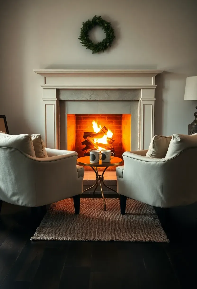 Hyper-realistic 3/4 view of intimate fireside seating nook: two cream linen armchairs angled toward each other near white painted fireplace with crackling fire, small round brass side table between them with steaming mugs, textured wool rug on dark wood floor, simple pine wreath centered above mantel. Materials: linen upholstery, brass, wool, natural stone fireplace surround, pine. Warm firelight glow (2500K) creating cozy shadows on fabrics and walls, visible main living room area in soft background, intimate conversational mood like Kinfolk magazine, shallow depth of field foreground chairs, composition showing fireside as distinct zone. No text logos watermarks.</p>