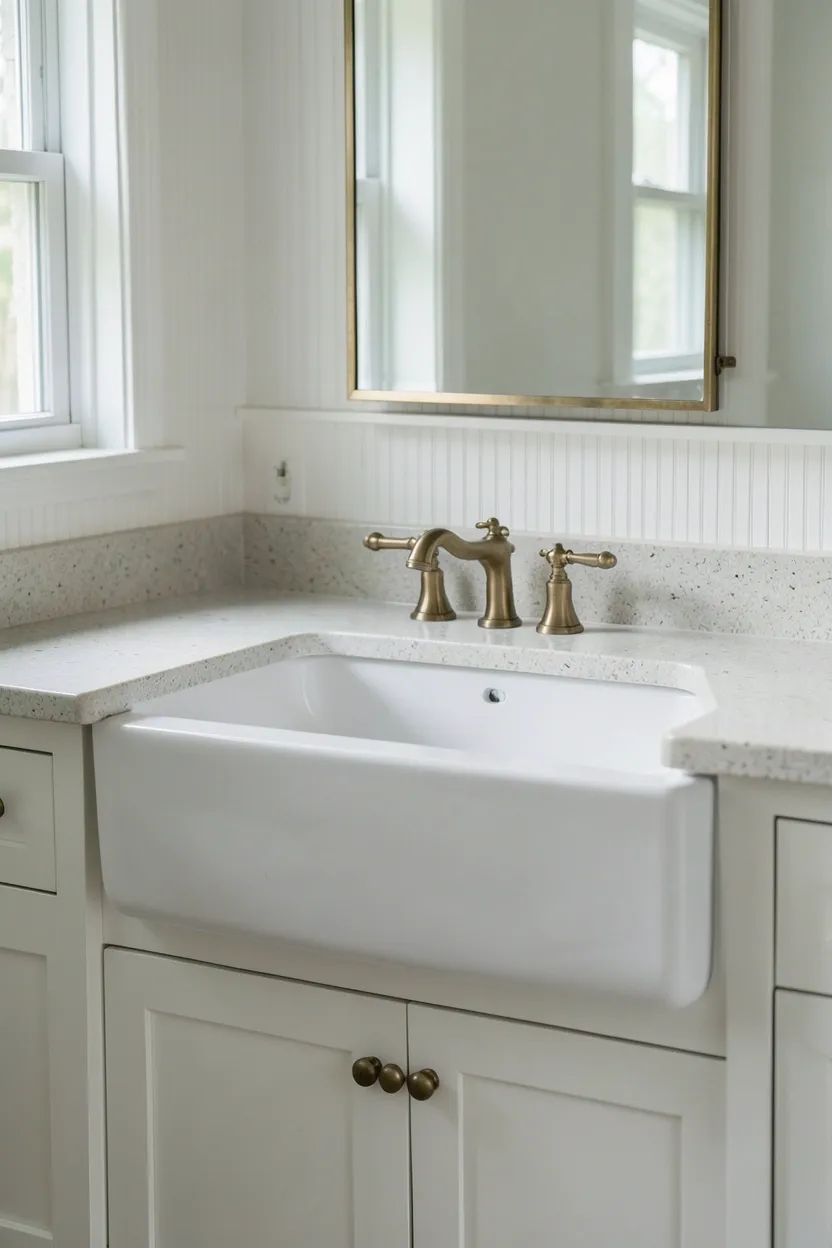 White double vanity with apron-front farmhouse sink and Shaker cabinet doors in a spacious master bathroom
