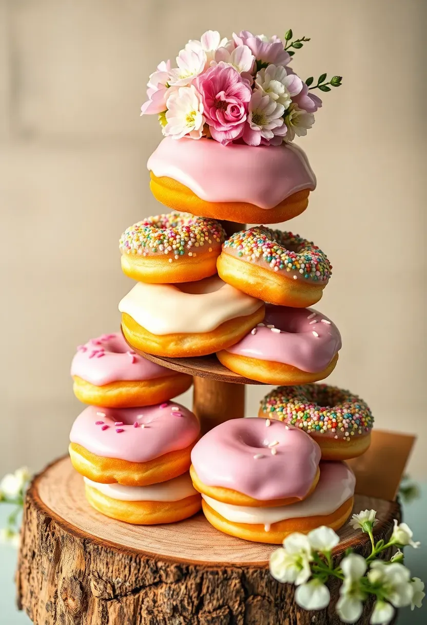 creative stacked doughnut tower arranged as a baby shower cake alternative with glazed doughnuts in pastel colors on a tiered wooden stand with floral accents